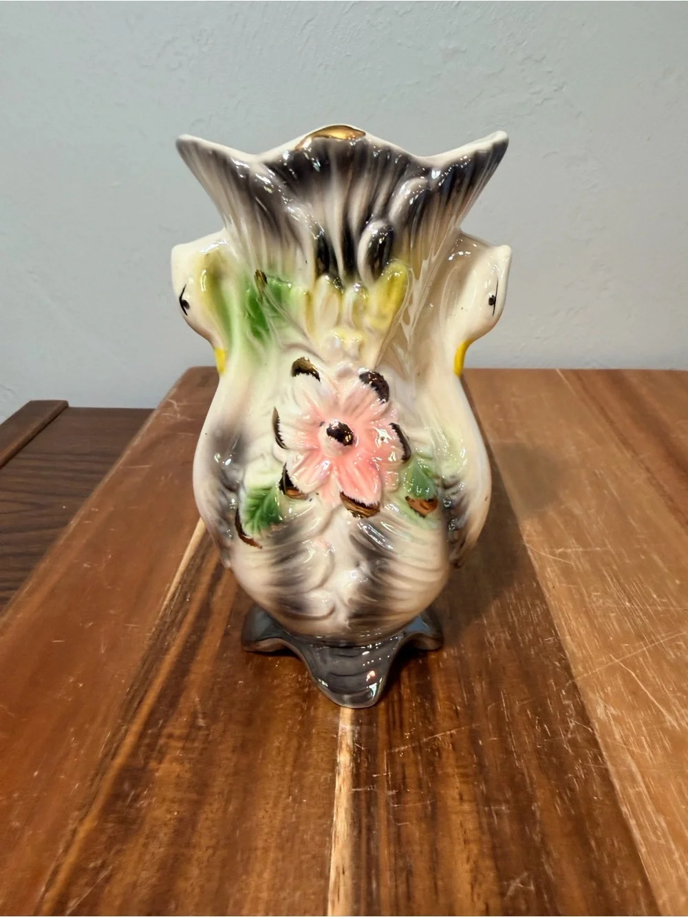 1960s Vintage Floral Ceramic Vase in Cream, Pink, Green, Black